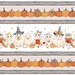 Closeup of a border stripe fabric with rows of ghosts in different scenes like reading books, knitting, and drinking hot cocoa, and rows of novel pumpkins.