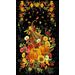 Back panel with gold-metallic pumpkins, florals, and leaves in front of a cornucopia surrounded by vines and golden specks.