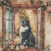 a tuxedo cat laying in a blue windowsill surrounded by delicate florals.