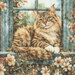 a striped brown cat laying in a blue windowsill surrounded by delicate florals.