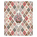 diamond panel featuring a patchwork of diamond squares filled with vintage floral prints bordered with a cream and black polka dot trim, with a basket bouquet of pink and blue florals at the center. 