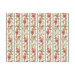 ivory border fabric featuring rows of pink, peach, gold, and white floral blossoms alternating with green stripes.