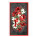 A charcoal panel with a swirled background, with cardinals and red and white poinsettias as its centerpiece.