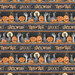Closeup of a soft black fabric with alternating stripes of Halloween phrases and jack-o'-lanterns, black cats, full moons, mummy hands, and spiders.