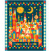 A colorful fabric panel with a whimsical geometric castle, sun, crescent moon, stars, trees, and the words "Peace on Earth."