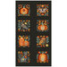 A black fabric panel with eight folk-art blocks of pumpkins, a moth, owl, crow, black cat, flowers, and autumn foliage.