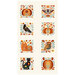 An off-white fabric panel with eight folk-art blocks of pumpkins, a moth, owl, crow, black cat, flowers, and autumn foliage.