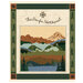 Illustrated Pacific Northwest landscape panel with mountains, forest, and lake.