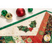 A super close up on the appliqué holly leaves and the red buttons, demonstrating print colors and gold metallic accents.