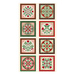Christmas panel featuring eight coordinating square designs adorned with ornate florals, graceful scrollwork, holly leaves, and festive blossoms, framed by intricate borders in rich red, green, and cream.