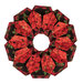The completed Fold'n Stitch Blooms topper from the top down, colored in black, red, and cream fabrics with gold metallic accents from the Merry Christmas 2026 collection by Timeless Treasures, isolated on a white background. 