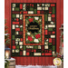 The completed Stained Glass Panel Quilt II, colored in black, red, and cream fabrics with gold metallic accents from the Merry Christmas 2026 collection by Timeless Treasures, staged on a red barn wall with coordinating décor and a dusting of snow.