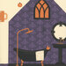 Closeup of the haunted house project panel with a purple and cream bathroom showing a bathtub, sink, mirror, and an orange window.
