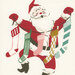 Zoomed in swatch of Santa holding a string of stockings on a cream fabric.