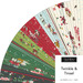 Digital fanned collage of the Christmas and Santa fabrics in the Jelly Roll Bundle from the Twinkle & Tinsel fabric collection.