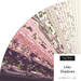 Fabric sample fan in pink, purple, and cream floral patterns labeled “Lilac Shadows.”