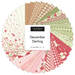 Fabric swatch fan of “December Darling” quilt squares in red, green, and cream.