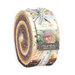 A rolled bundle of jelly roll strips featuring autumn-inspired patterns, tied with a measuring tape ribbon.