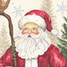 Closeup swatch of Santa's face next to a staff, a Christmas tree, and white snowflakes.