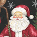 Closeup swatch of Santa's face next to a staff, a Christmas tree, and white snowflakes.