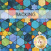 Fabric swatch of a colorful blue, green, yellow, and red geometric stained-glass pattern; a transparent banner at the top reads "Backing." 
