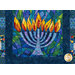 Stained-glass-style menorah with lit flames in blue, green, and yellow mosaic.