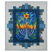 The completed Hanukkah Lights Quilt, colored in blue, yellow, green, and orange fabrics from the Hanukkah Lights collection by Northcott Fabrics, isolated on a white background. 
