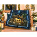The completed Peace & Harmony Panel Quilt, artfully draped over a wood bench on a porch, staged with coordinating décor.