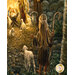 A super close up on the panel, showing a young shepherd and lamb.
