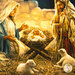 A super close up on the panel, showing Jesus, Mary, and Joseph in the manger.