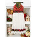 The completed Hanging Towel Kit colored in black, red, and cream fabrics with gold metallic accents from the Merry Christmas 2026 collection by Timeless Treasures, hung on a drawer surrounded by coordinating décor.