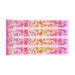 A vibrant fabric with winding vines and floral elements and an ombre showing a gradient of pink and purple to yellow and oragne, meeting in the middle. 