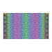A soft black fabric with dense columns of pink, purple, aqua, and blue florals, bordered by colorful snails and dotted accents along both sides.