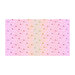 A pink fabric with scattered colorful ladybugs, tiny leafy sprigs, and dots arranged in mirrored ombre bands of purple, coral, yellow, and lime.