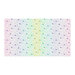 A white fabric with scattered colorful ladybugs, tiny leafy sprigs, and dots arranged in mirrored ombre bands of pink, purple, blue, aqua, and lime.