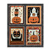 Mottled charcoal panel with four blocks of primitive Halloween motifs like a black cat, ghost, jack-o'-lanterns, and candy, 