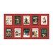 Christmas panel featuring ten charming holiday scenes of adorable dogs decorating trees, delivering gifts, filling stockings, and spreading Christmas cheer, complete with playful sayings and framed by a rich red background with snowy accents.