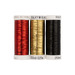 Three spools of metallic red, gold, and black thread, isolated on a white background. 