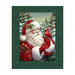 Pine green panel with a block of Santa in a wintry forest scene, holding a cardinal and bordered by an intricate swirling background.