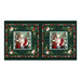 Pine green pillow panel with two blocks of Santa in a wintry landscape holding a cardinal, bordered by swirls and groups of botanicals