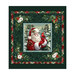Pine green block of Santa in a wintry landscape holding a cardinal, bordered by ornate swirls and groups of Christmastime botanicals