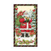 A Christmas panel of Santa carrying presents through a forest with a striped border.