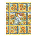 Mottled yellow panel with five blocks of sunflowers, birds, bees, a birdhouse, and a watering can.