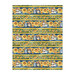 Mottled blue border print with rows of sunflowers, vines, watering cans, and birdhouses separated by yellow stripes.