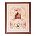 Finished Noel Ornament Sampler in a wooden frame isolated on a white background.