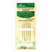 Package of five assorted metal hand sewing needles with notched eyes at the top for easier threading.