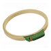 Round cream plastic embroidery hoop with a green covered tightening mechanism and brass adjustment screw.