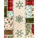 A close up on the quilt, demonstrating fabric prints, colors, and ragged details, as well as spotlighting the appliqué snowflakes..