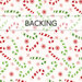 White swatch of fabric with tossed red and green candy canes and snowflakes; a transparent banner at the top reads "Backing." 
