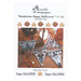 Front cover of the Happy Halloween Flags cross stitch pattern with a photo of the four finished patterns laid out next to jack-o'-lanterns, fall leaves, branches, candles, and a lantern.